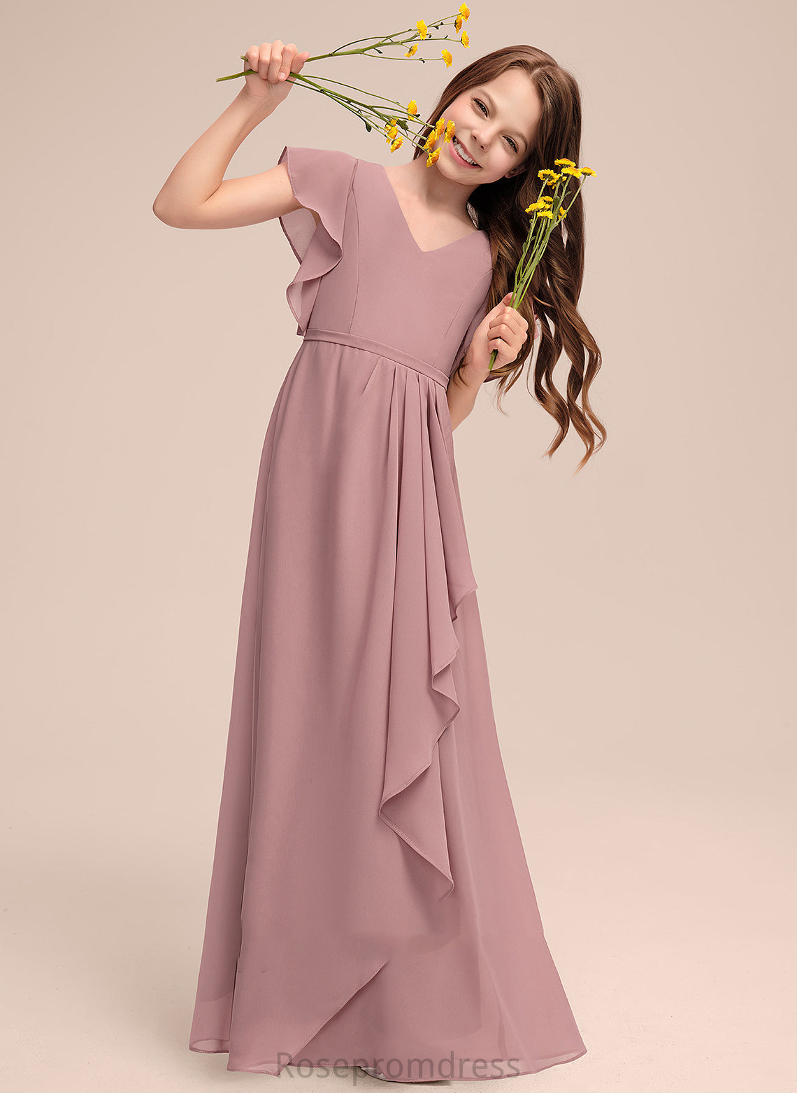 Precious V-neck Cascading Ruffles Junior Bridesmaid Dresses With Floor-Length A-Line Chiffon