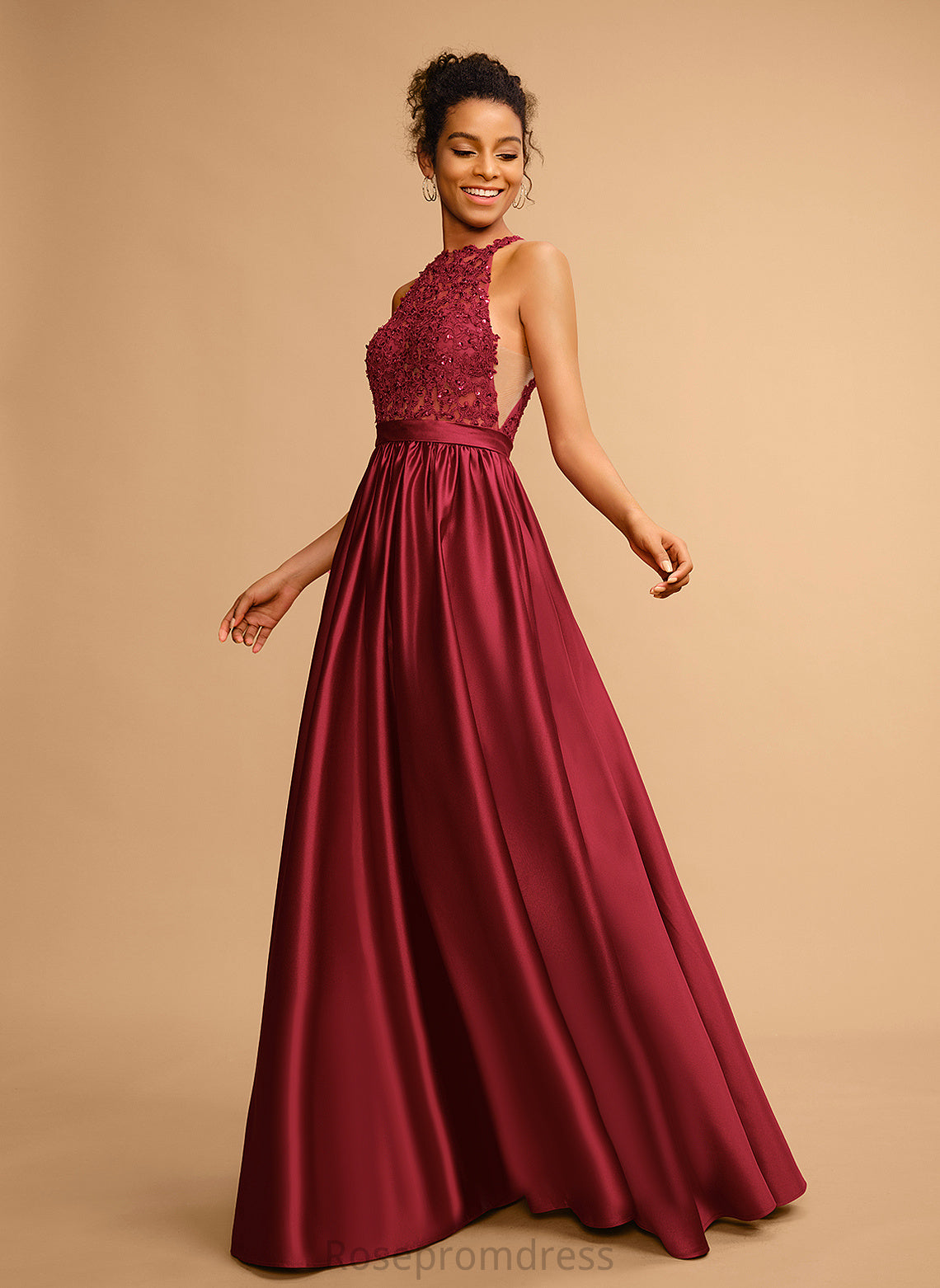 Floor-Length Halter Satin Lace Sequins Prom Dresses Ball-Gown/Princess With Nayeli