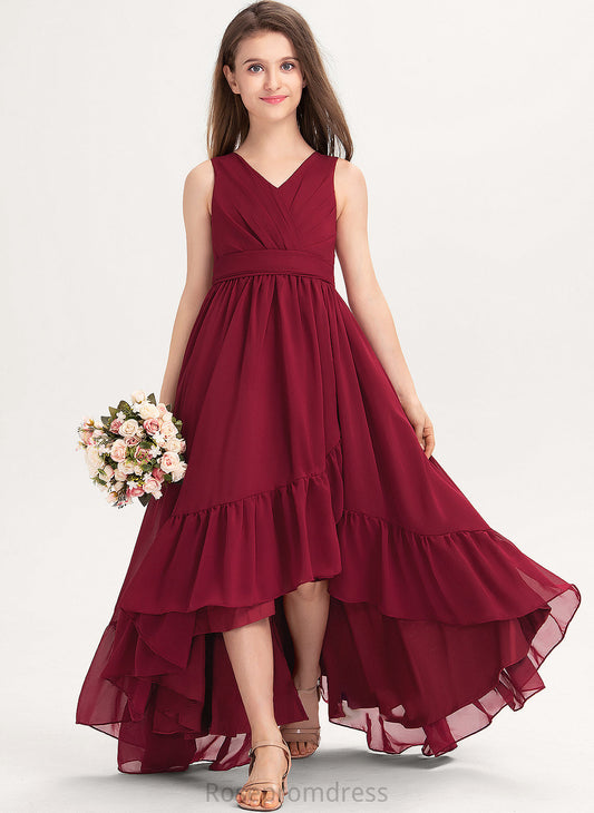 With Cascading V-neck Miah Chiffon A-Line Ruffles Bow(s) Asymmetrical Junior Bridesmaid Dresses