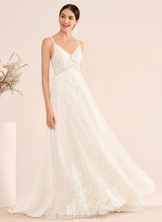 V-neck Beading Tulle Wedding Jaiden Dress Wedding Dresses With A-Line Court Train Lace