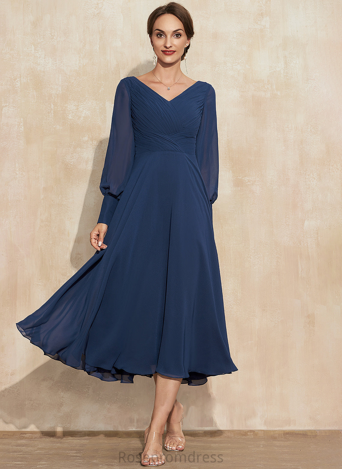 Tea-Length Bride Miriam Ruffle With of the Mother of the Bride Dresses Chiffon A-Line V-neck Mother Dress