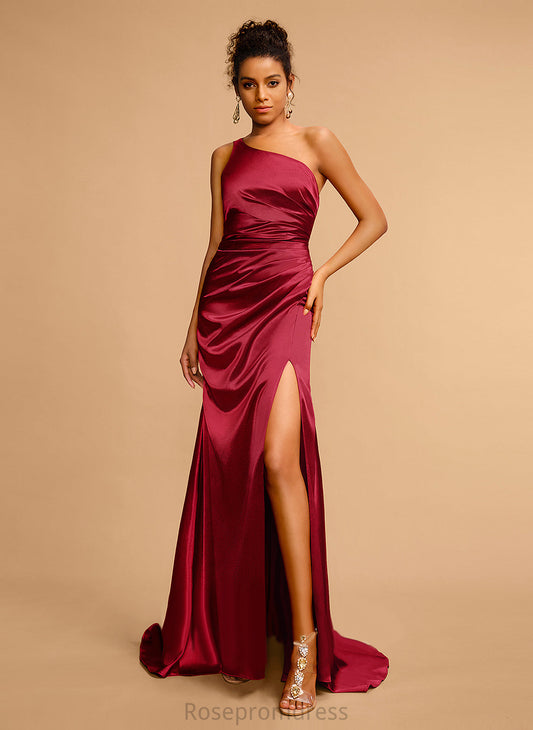 Train Prom Dresses Sweep Sheath/Column Jordan One-Shoulder Satin Pleated With