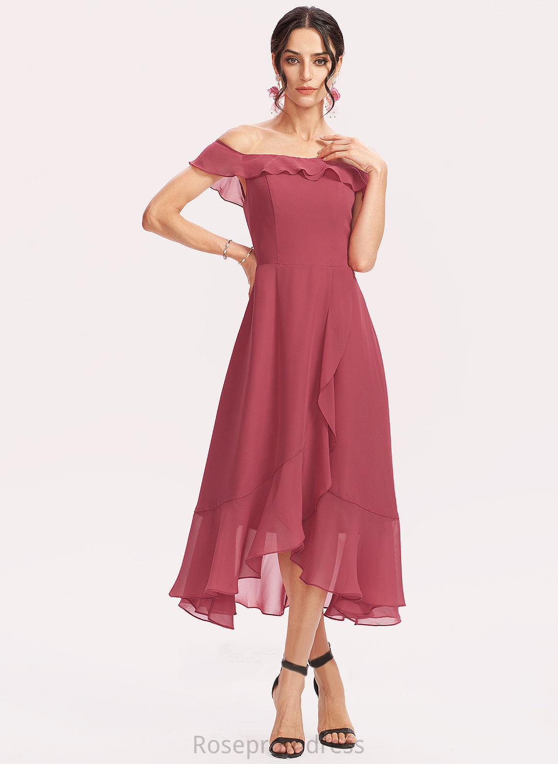 Off-the-Shoulder Tea-Length Chiffon Cocktail Dresses With Cascading Ruffles Cocktail A-Line Dress Kamora