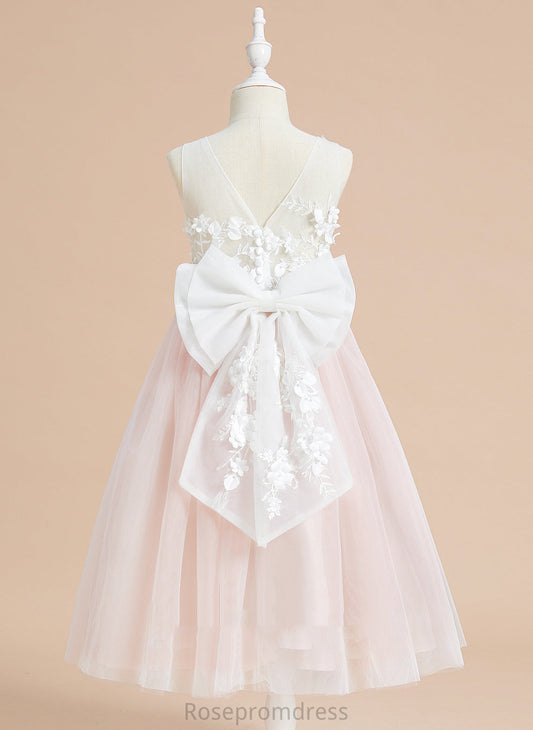 Scoop Tulle Lace/Flower(s)/Bow(s) A-Line Hallie Flower Girl Dresses Neck - Flower Girl With Tea-length Sleeveless Dress