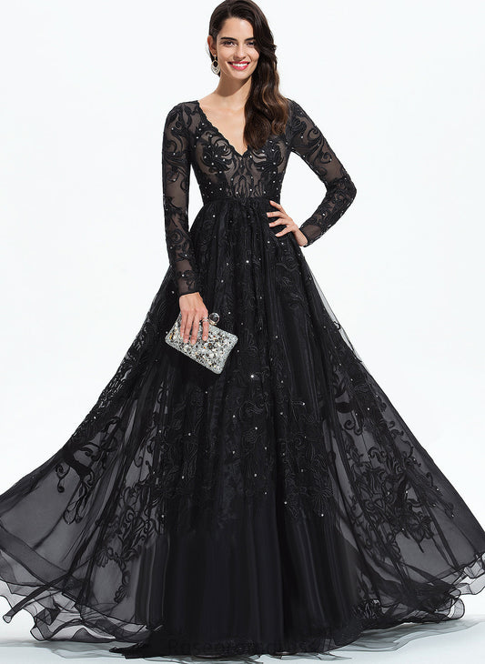 Ball-Gown/Princess V-neck Tulle Prom Dresses With Madalynn Sequins Sweep Train