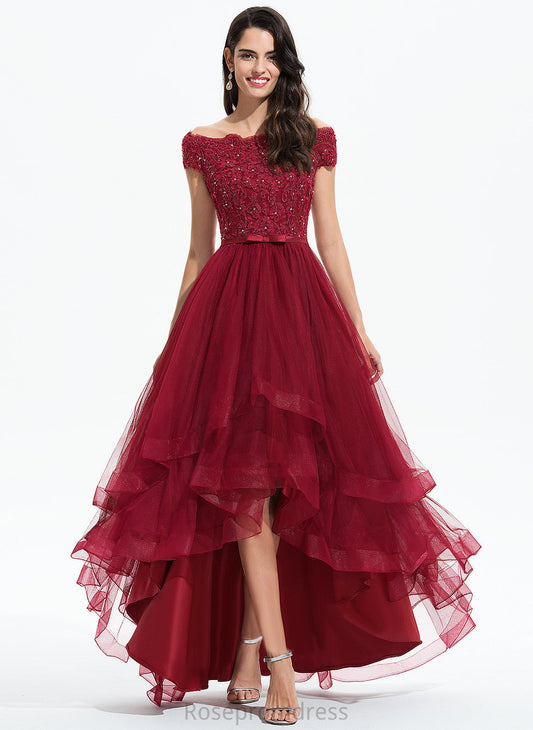 Dress Tulle Asymmetrical Off-the-Shoulder Sequins A-Line Rosa Lace Beading Bow(s) With Wedding Wedding Dresses