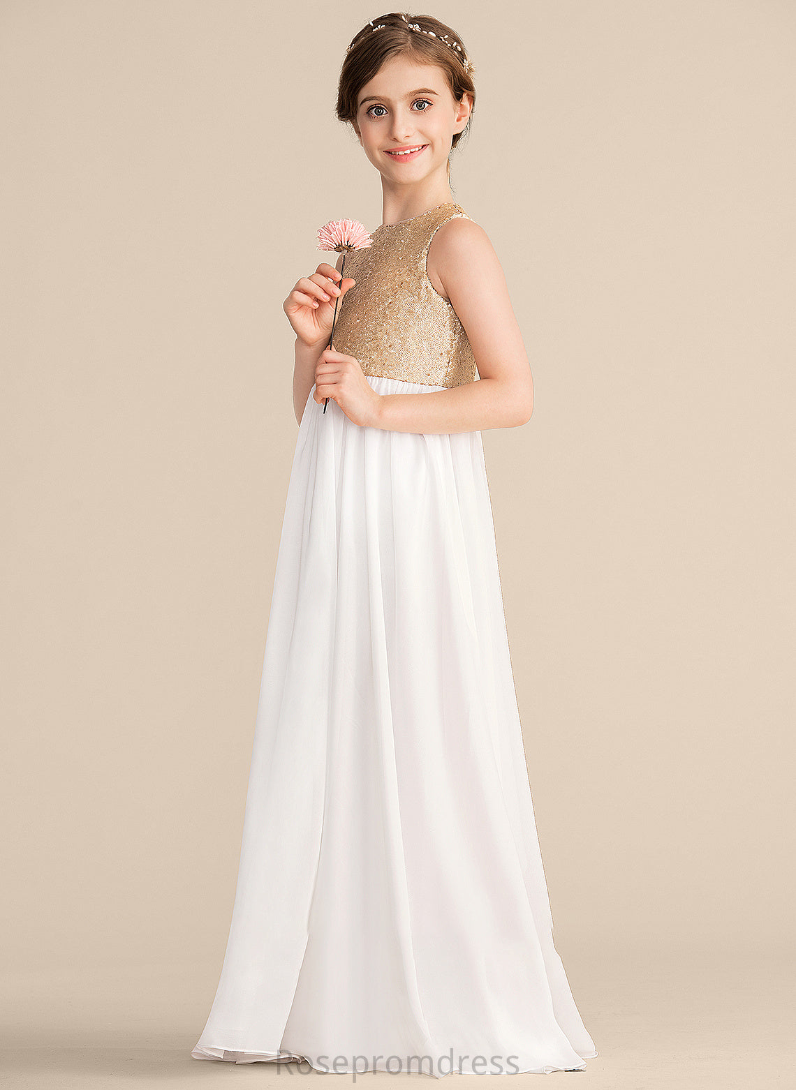 Neck Chiffon A-Line Scoop Junior Bridesmaid Dresses Sequined Floor-Length Celeste