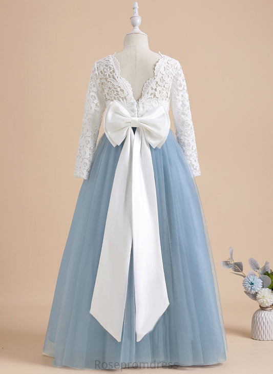 Bow(s)/V Kaylee Flower Back Girl Floor-length With Dress - Flower Girl Dresses Neck Tulle/Lace Scoop Long Ball-Gown/Princess Sleeves