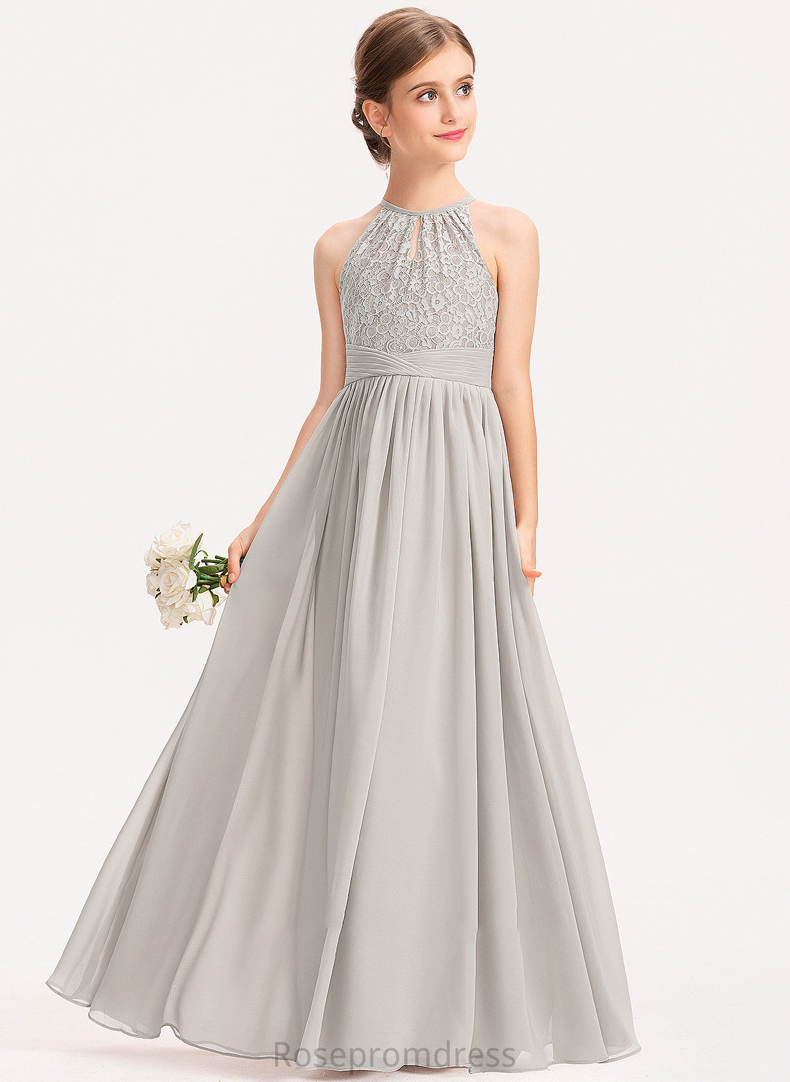 Chiffon Lace Neck Scoop Junior Bridesmaid Dresses With Annalise A-Line Ruffle Floor-Length