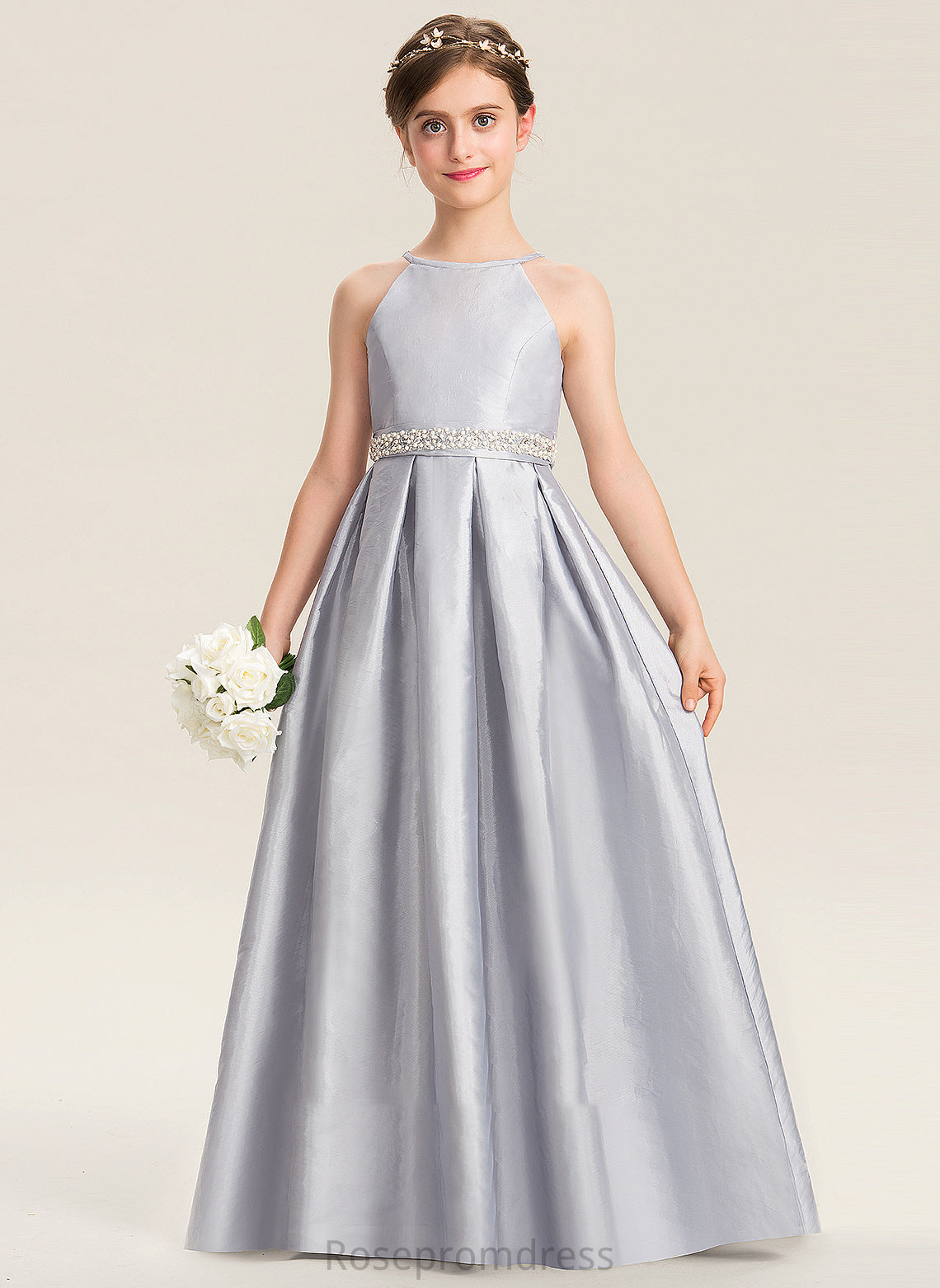 A-Line Bow(s) Beading Floor-Length Taffeta Averi Neck Junior Bridesmaid Dresses Scoop With