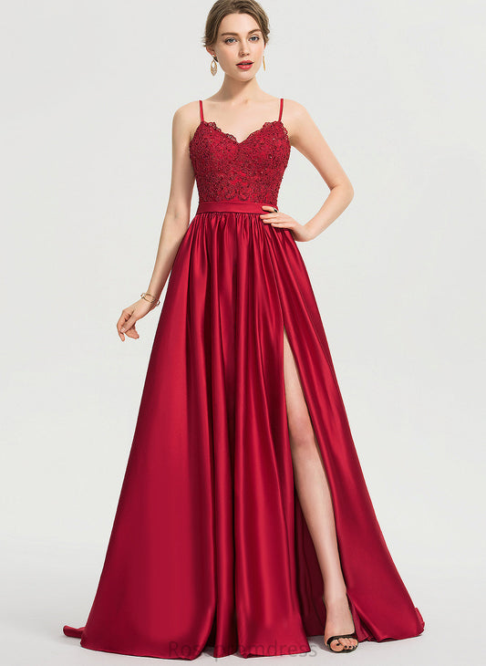 Lace Yasmin With Beading Sweep Satin Ball-Gown/Princess Prom Dresses Train V-neck Sequins