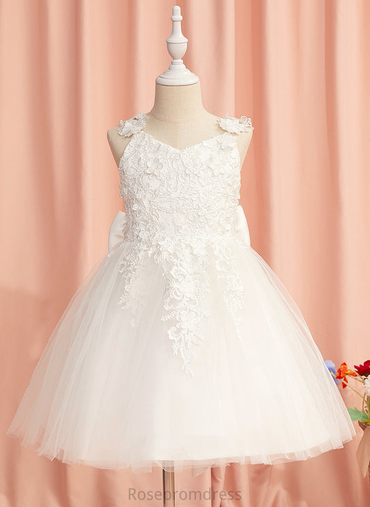 Girl Knee-length - Flower A-Line Gloria With Lace/Flower(s)/Bow(s) Tulle Flower Girl Dresses Sleeveless Straps Dress