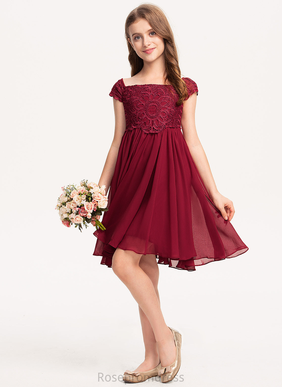 A-Line With Junior Bridesmaid Dresses Jayda Lace Bow(s) Off-the-Shoulder Chiffon Knee-Length