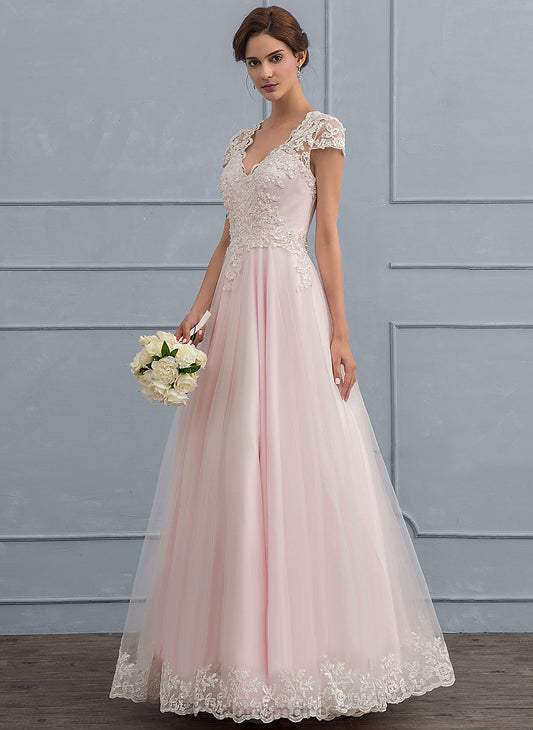 Ball-Gown/Princess Mya Wedding Dresses V-neck Dress Tulle Beading Floor-Length Wedding With Lace Sequins