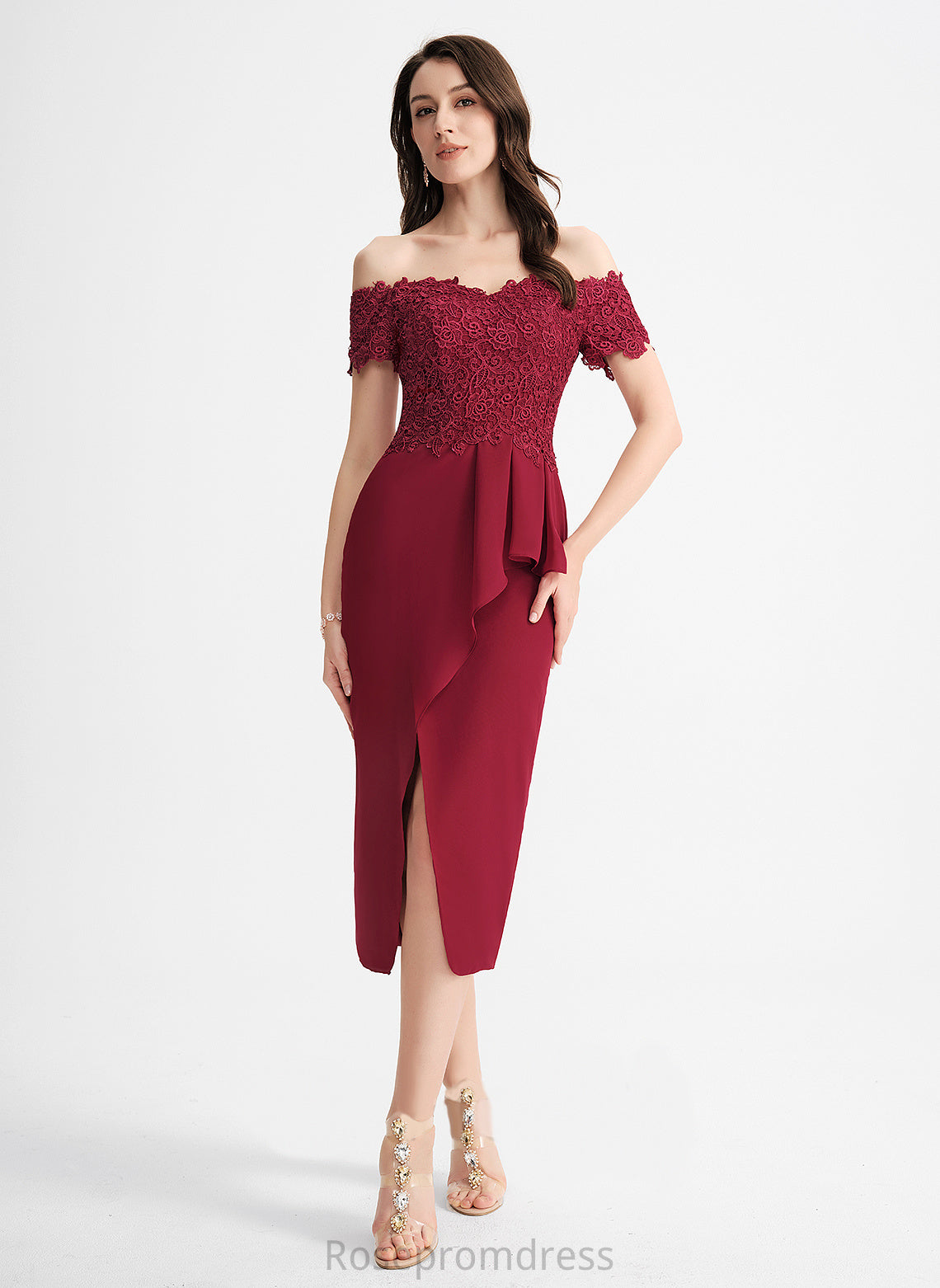 Sheath/Column Lace Maci Tea-Length Dress Chiffon Cocktail Dresses Off-the-Shoulder Cocktail