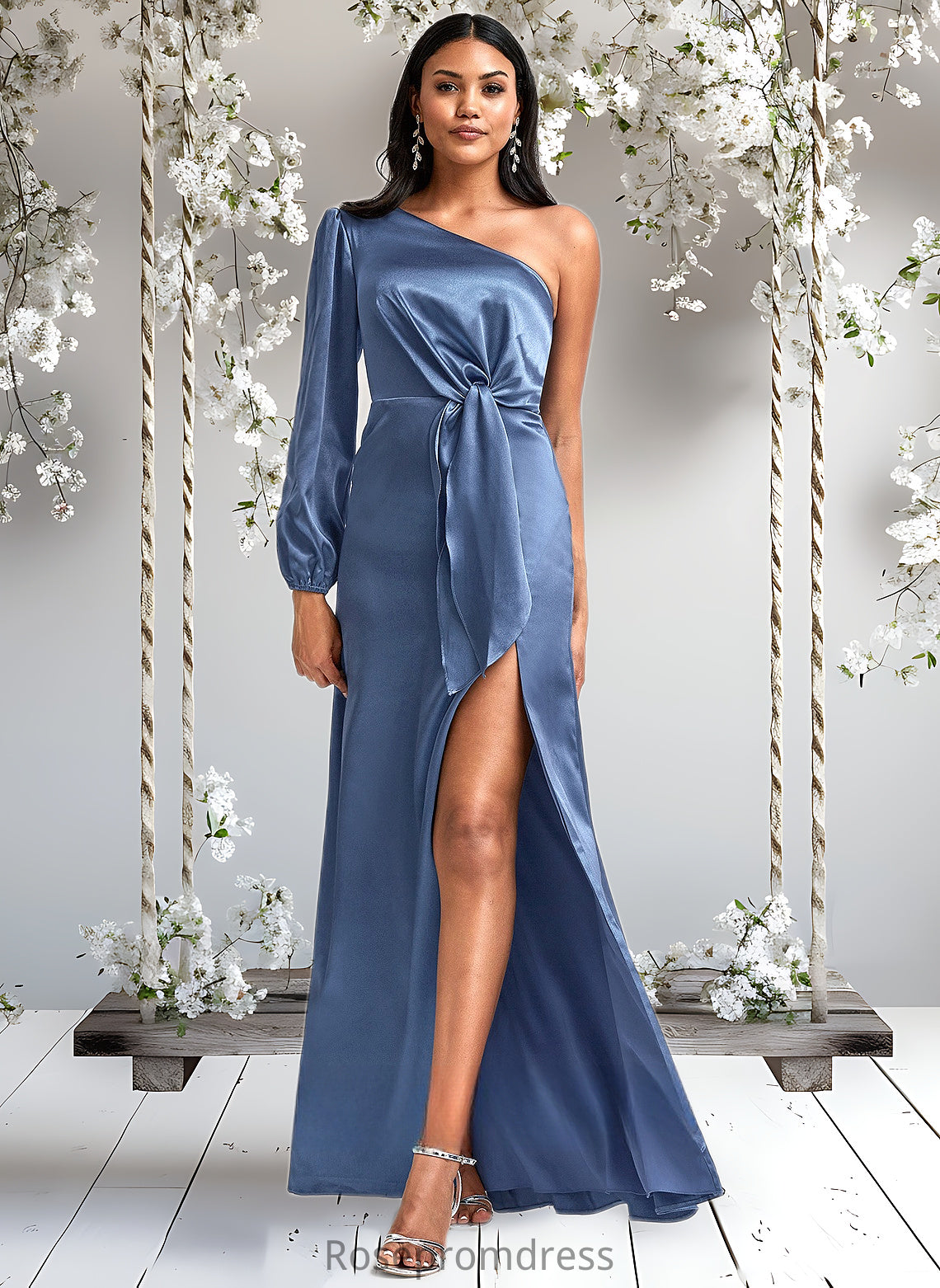 Skylar A-line One Shoulder Floor-Length Stretch Satin Bridesmaid Dress With Bow DSP0025730