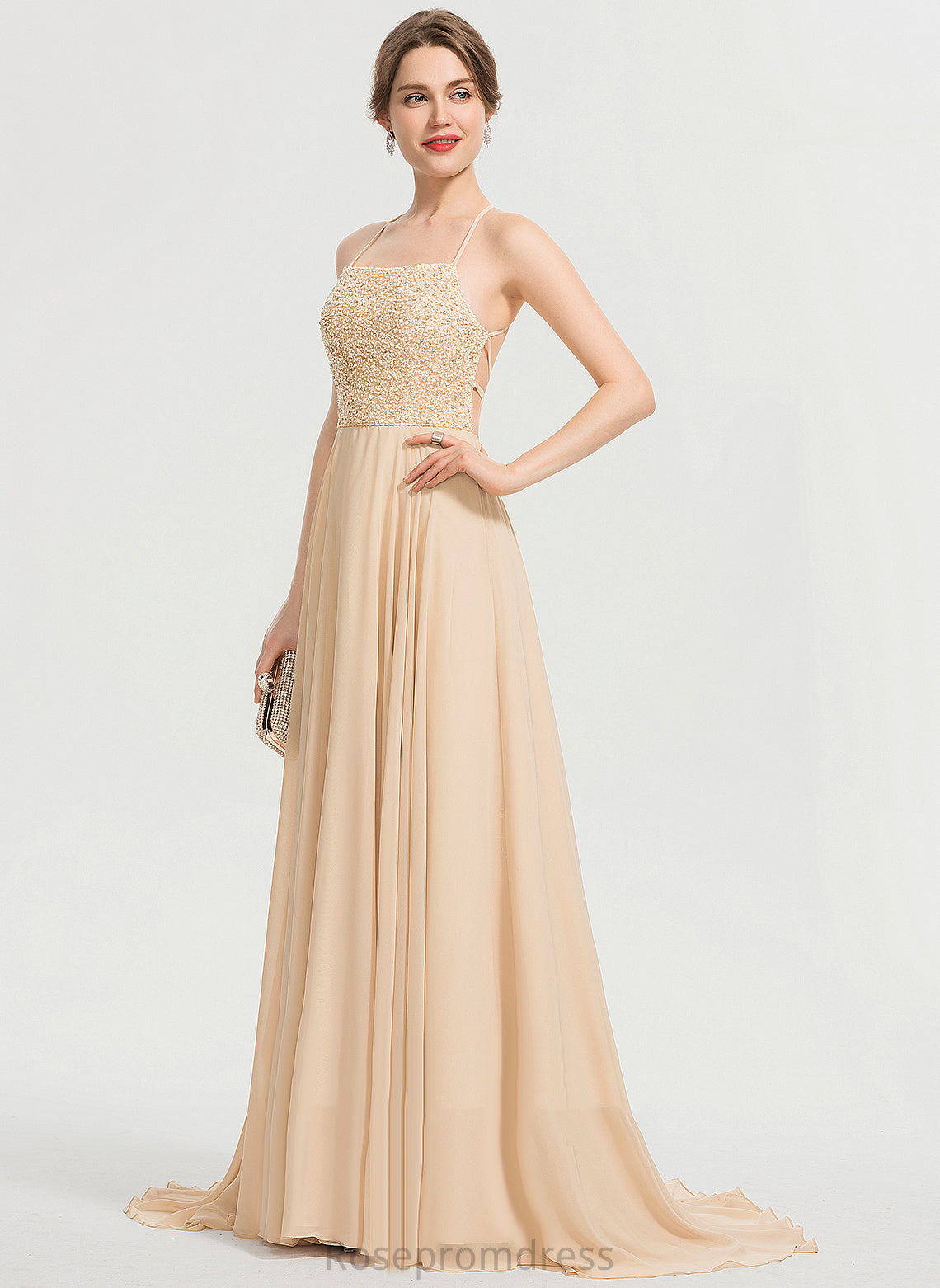 Square With Sequins Prom Dresses Sweep Train Chiffon A-Line Beading Kassidy