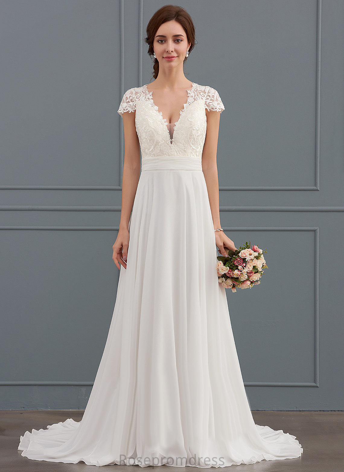 With Chiffon V-neck Lace Sweep Dress Izabelle Train A-Line Ruffle Wedding Dresses Wedding