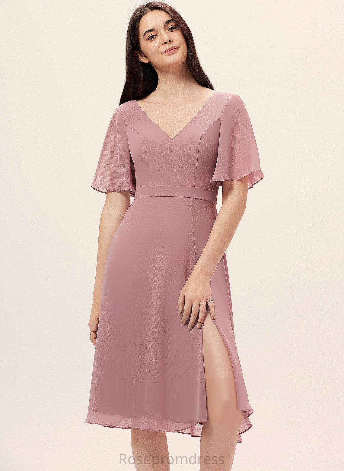 Silhouette Fabric A-Line Straps&Sleeves Knee-Length Length Neckline V-neck Leanna Bridesmaid Dresses