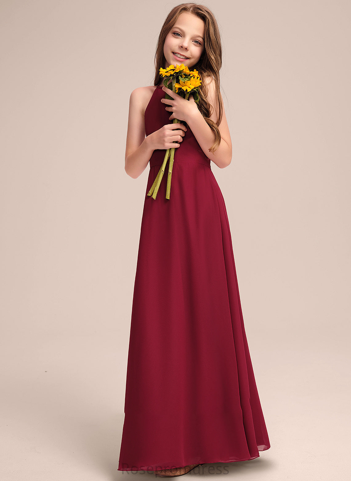 Floor-Length Scoop Setlla Junior Bridesmaid Dresses Chiffon A-Line Neck