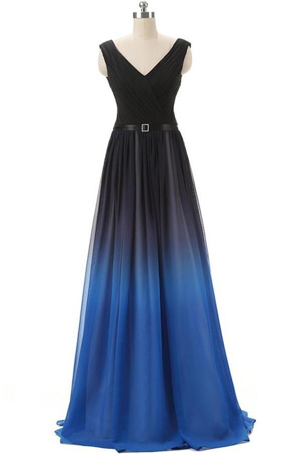 A line Royal Blue Black Gradient Bridesmaid Dresses Ombre Chiffon Lace up Prom Dresses RS341