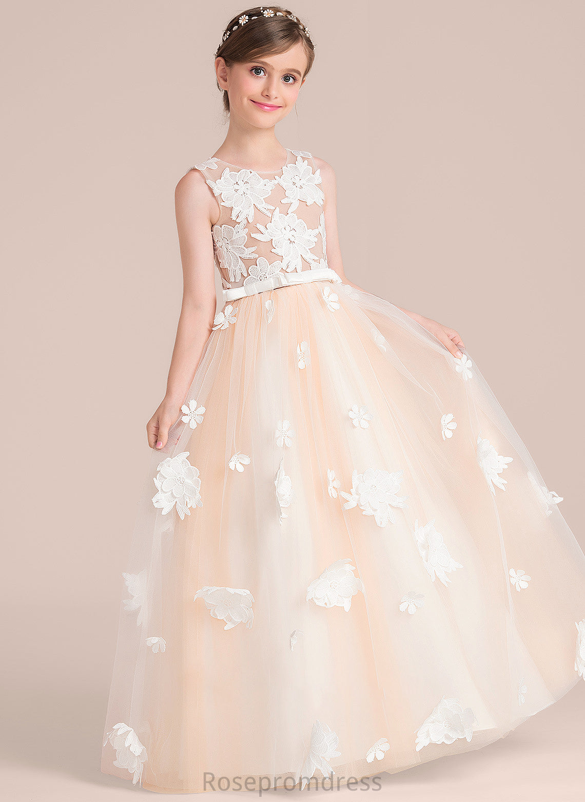 Junior Bridesmaid Dresses Ball-Gown/Princess Neck Bow(s) With Tess Tulle Flower(s) Scoop Floor-Length