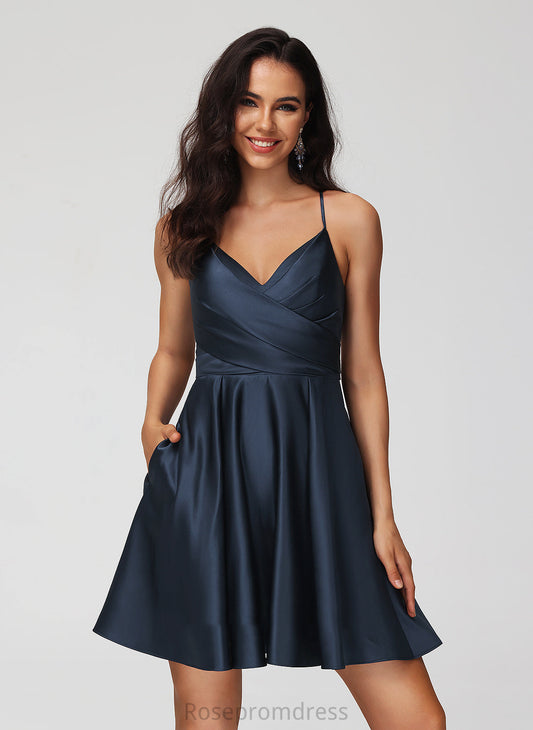 Jazmyn Short/Mini Satin A-Line V-neck Dress Homecoming With Homecoming Dresses Pleated