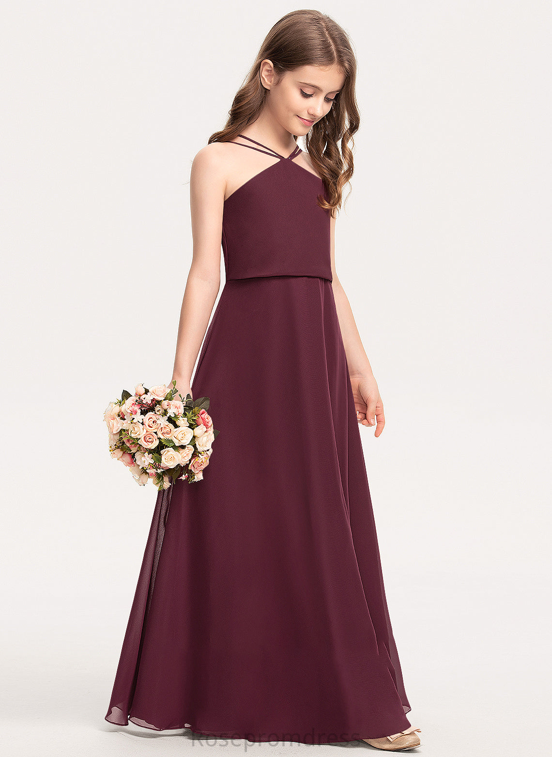 V-neck Floor-Length Elle Junior Bridesmaid Dresses Chiffon A-Line