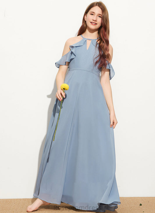 Junior Bridesmaid Dresses With Floor-Length Scoop Cascading Bow(s) Camilla Neck Ruffles A-Line Chiffon