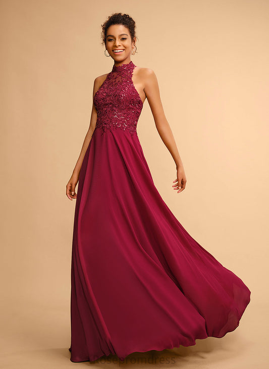 Chiffon A-Line Halter Lace Prom Dresses With Floor-Length Sequins Charlize