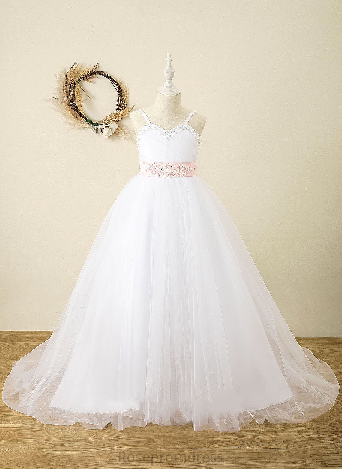 Girl Floor-length Ball-Gown/Princess Satin With Sash/Rhinestone Dress Flower Sleeveless (Detachable Flower Girl Dresses Ainsley Straps sash)