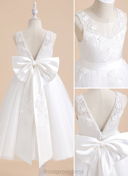 A-Line With Tea-length Sleeveless Beading/Flower(s) Meghan Tulle/Lace Dress - Flower Girl Scoop Flower Girl Dresses Neck