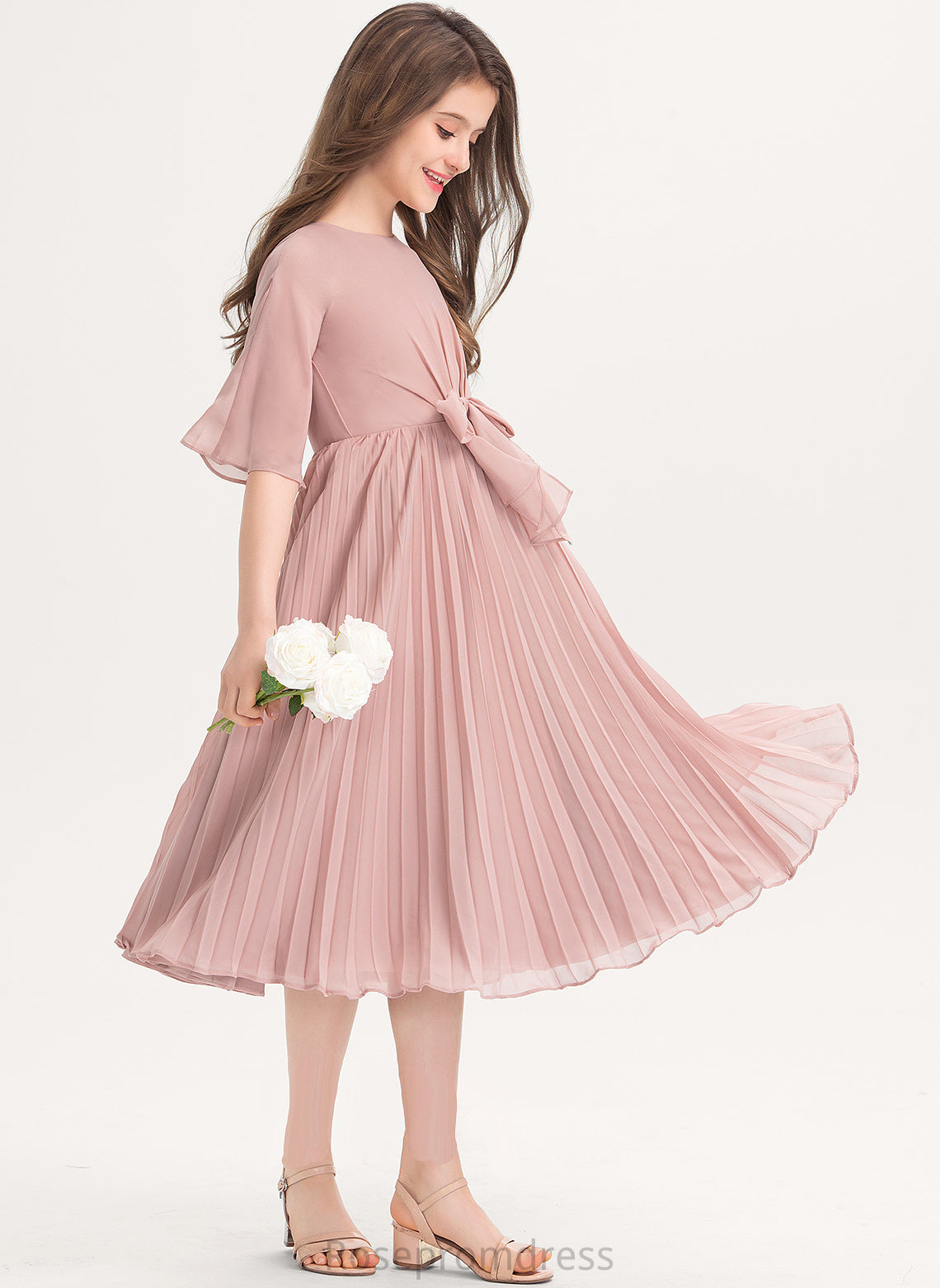 Scoop Bow(s) Knee-Length Chiffon Pleated Stacy With Junior Bridesmaid Dresses A-Line Neck