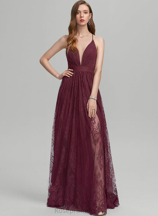 A-Line V-neck Prom Dresses With Front Floor-Length Payten Split Lace