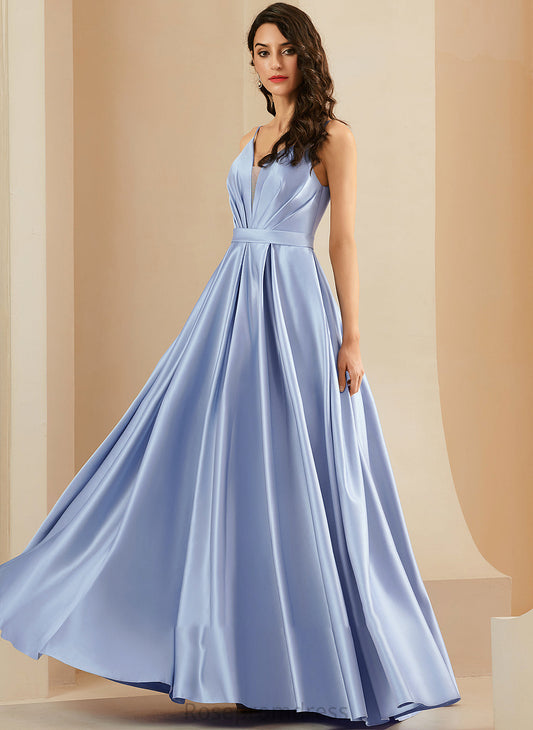 Floor-Length With V-neck Prom Dresses Pockets Satin Ruffle Kylee Ball-Gown/Princess