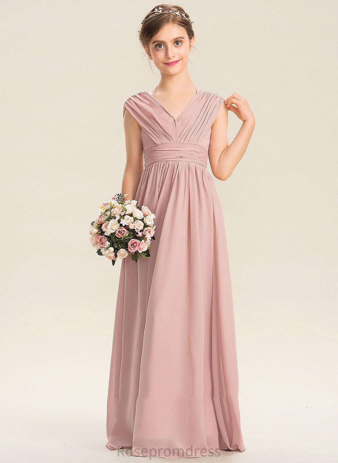 With Junior Bridesmaid Dresses Marisa Bow(s) V-neck Ruffle Chiffon A-Line Floor-Length