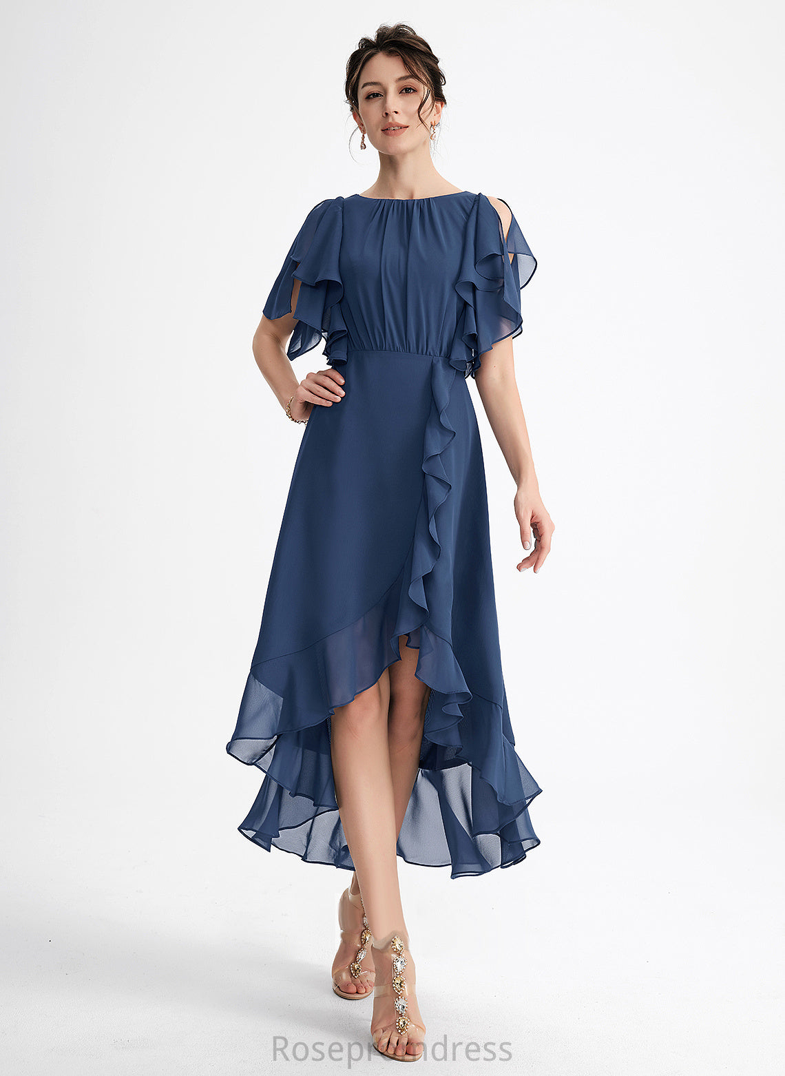 Chiffon A-Line Lauren Cascading Dress With Cocktail Cocktail Dresses Ruffles Neck Asymmetrical Scoop