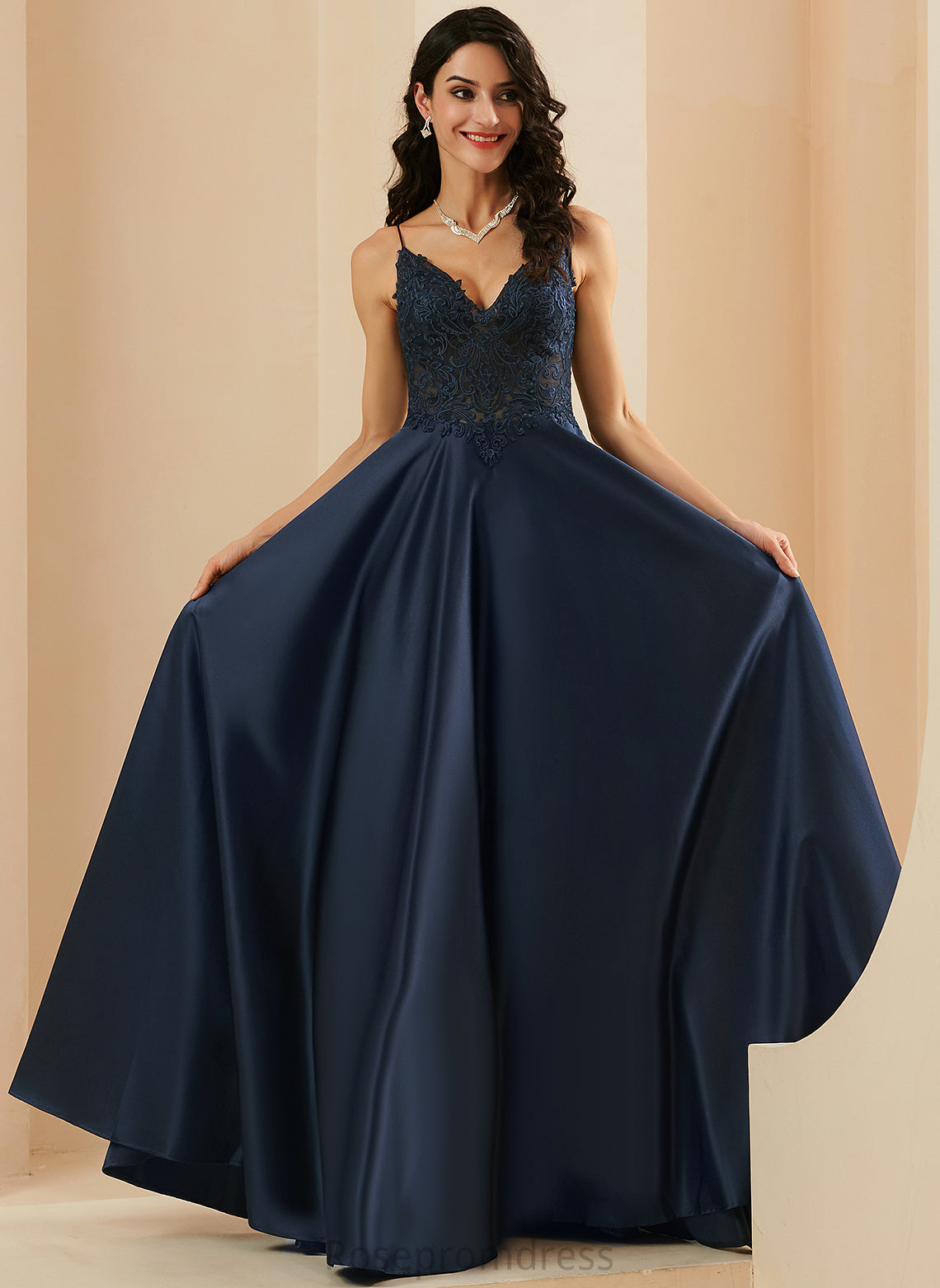 V-neck A-Line Prom Dresses Melina Lace Floor-Length