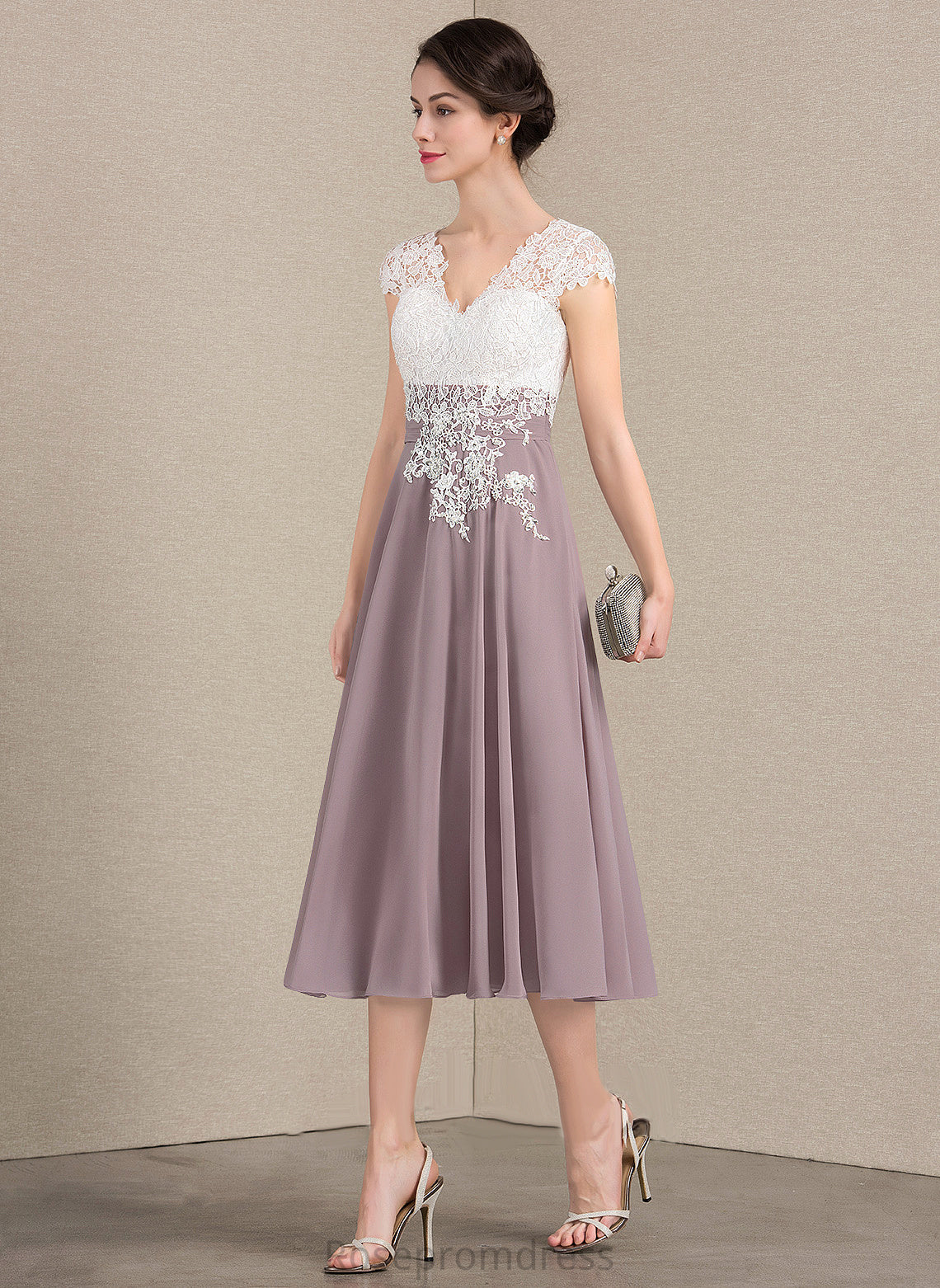 A-Line Mother of the Bride Dresses Viviana of Tea-Length the Lace Chiffon Mother Bride Dress V-neck