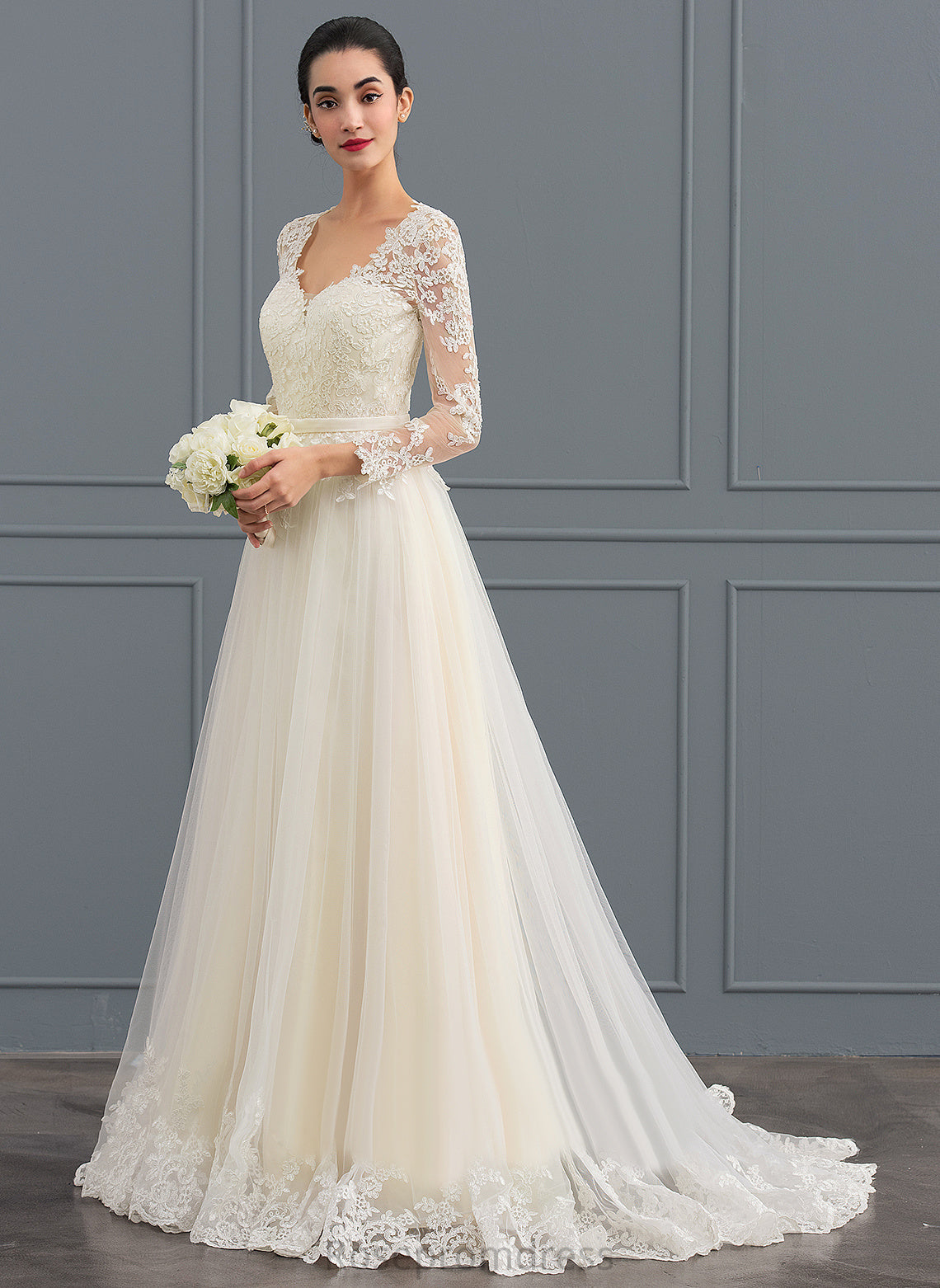 Wedding Dresses Dress Tulle Ball-Gown/Princess Train Virginia V-neck Wedding Lace Sweep