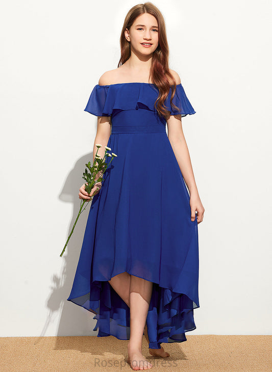 Chiffon Ruffles With A-Line Off-the-Shoulder Cascading Asymmetrical Morgan Junior Bridesmaid Dresses