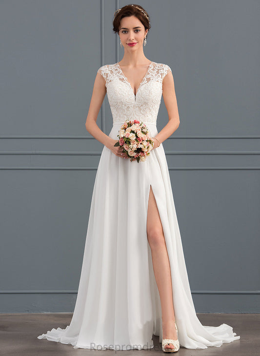 Train Wedding Sweep Wedding Dresses Chiffon A-Line Split Front With Lace Anya V-neck Dress