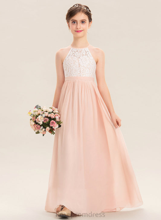 A-Line Floor-Length Lace Josie Scoop Chiffon Junior Bridesmaid Dresses Neck