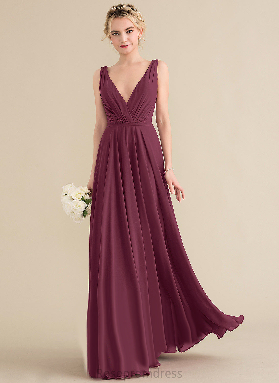 A-Line Floor-Length Pleated Chiffon Prom Dresses V-neck With Violet