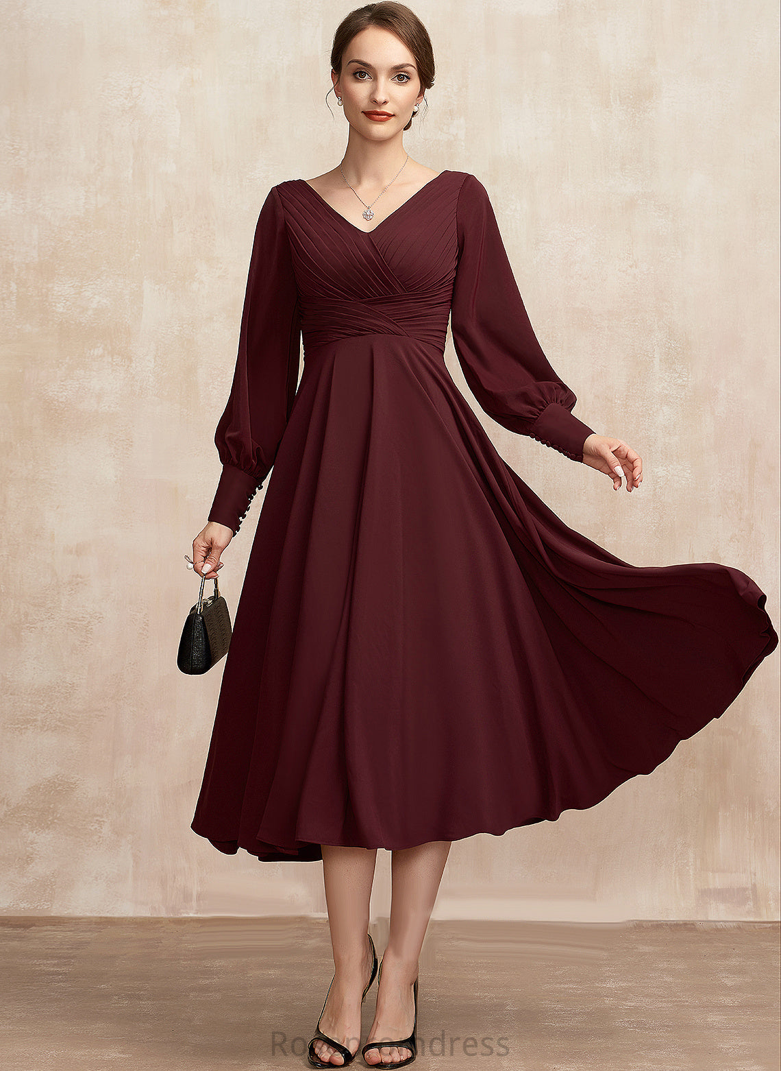 Dress Tea-Length A-Line Mother of the Bride Dresses Mother Ruffle With Elise V-neck the Bride of