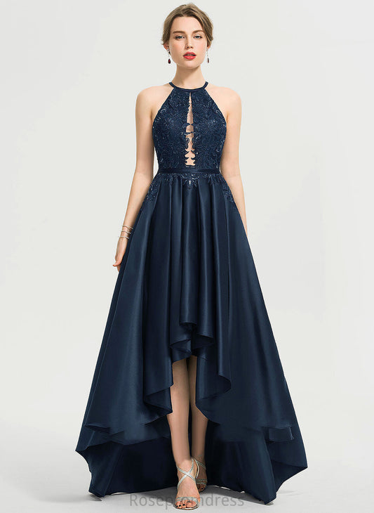 Andrea A-Line Prom Dresses Sequins Scoop Asymmetrical With Neck Satin