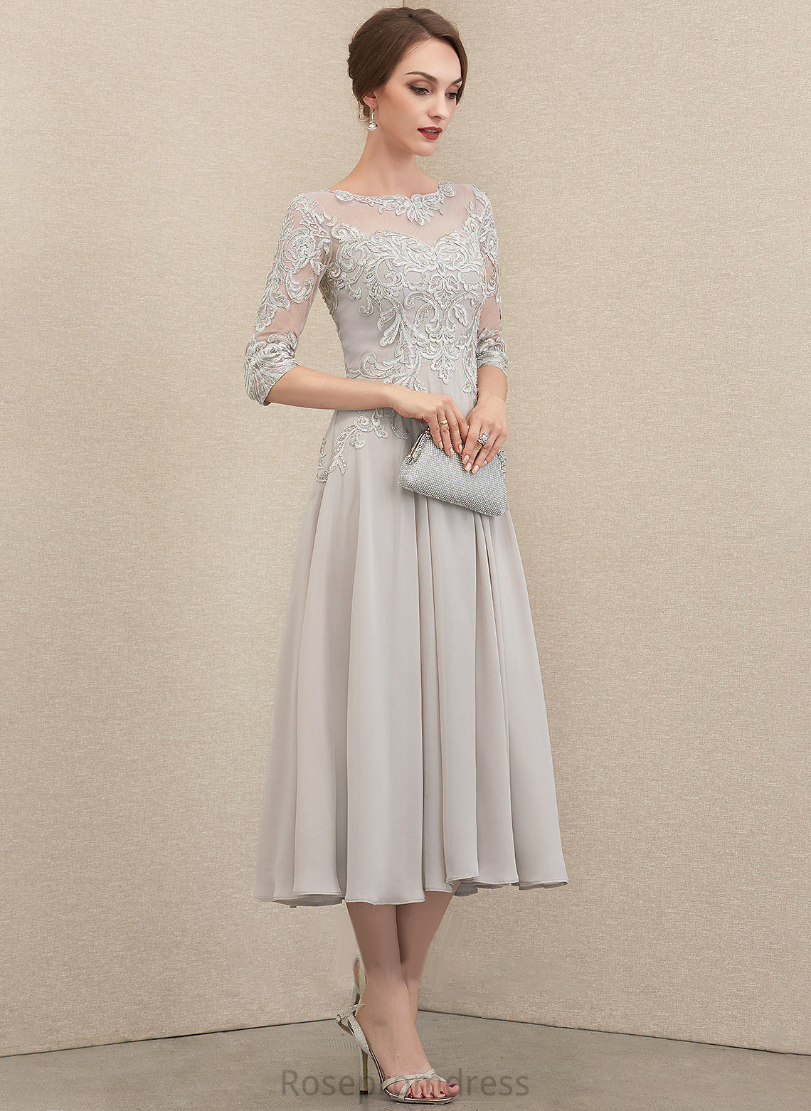 the Sequins Tea-Length Beading Mother Dress Lace Neck With A-Line of Mother of the Bride Dresses Annika Chiffon Bride Scoop