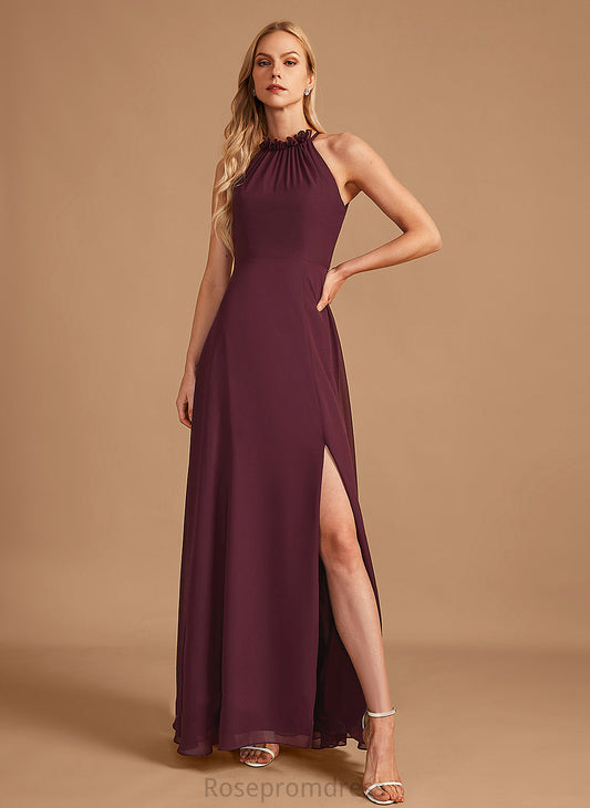 A-Line Length HighNeck Fabric SplitFront Neckline Silhouette Embellishment Floor-Length Selah Natural Waist Sleeveless Bridesmaid Dresses