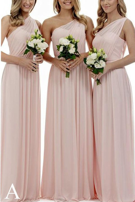 Long Light Pink Mismatched A-Line One Shoulder Sleeveless Elegant Bridesmaid Dresses RS523