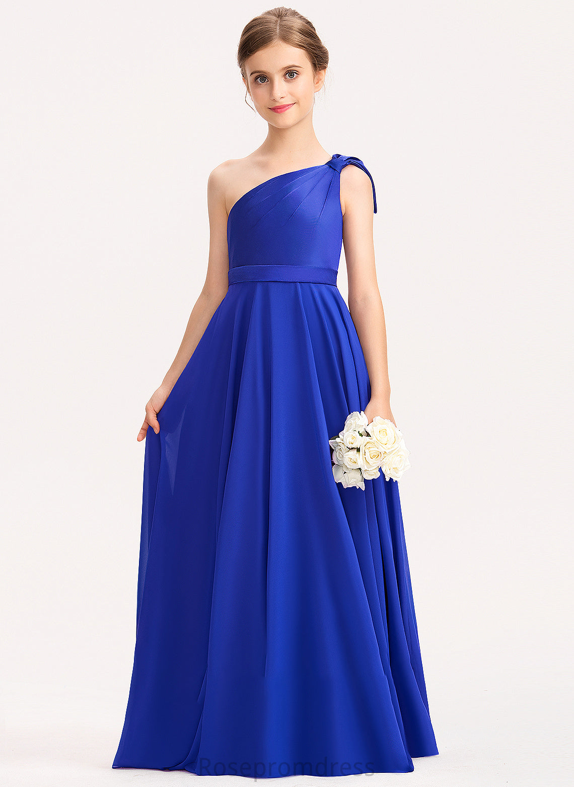 Junior Bridesmaid Dresses With Charmeuse One-Shoulder Chiffon Floor-Length Ruffle A-Line Brynn